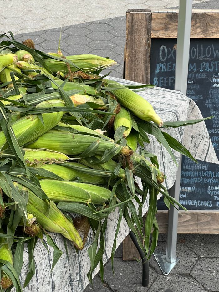 A pile of fresh corn ears displayed at an outdoor farmers market stand.